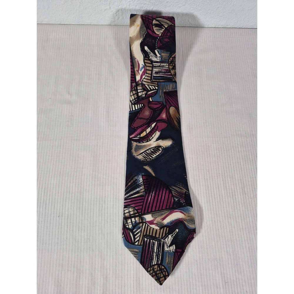 Vtg Henry Grethel Abstract Geometric Silk Tie Navy Burgundy Tan 90s Necktie